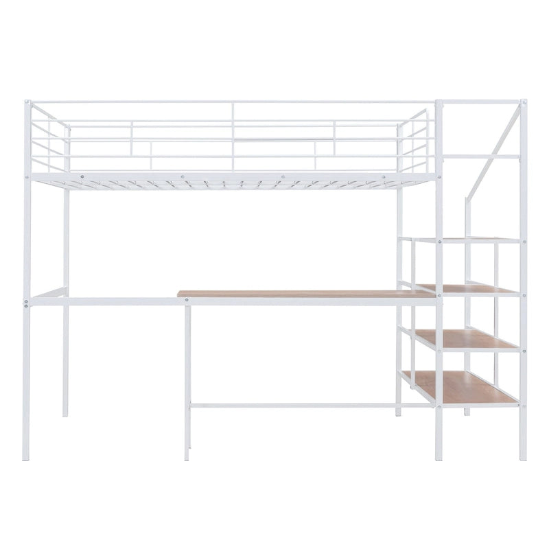 Cama alta de metal tamaño Full con escritorio y escalera lateral con almacenamiento, negra