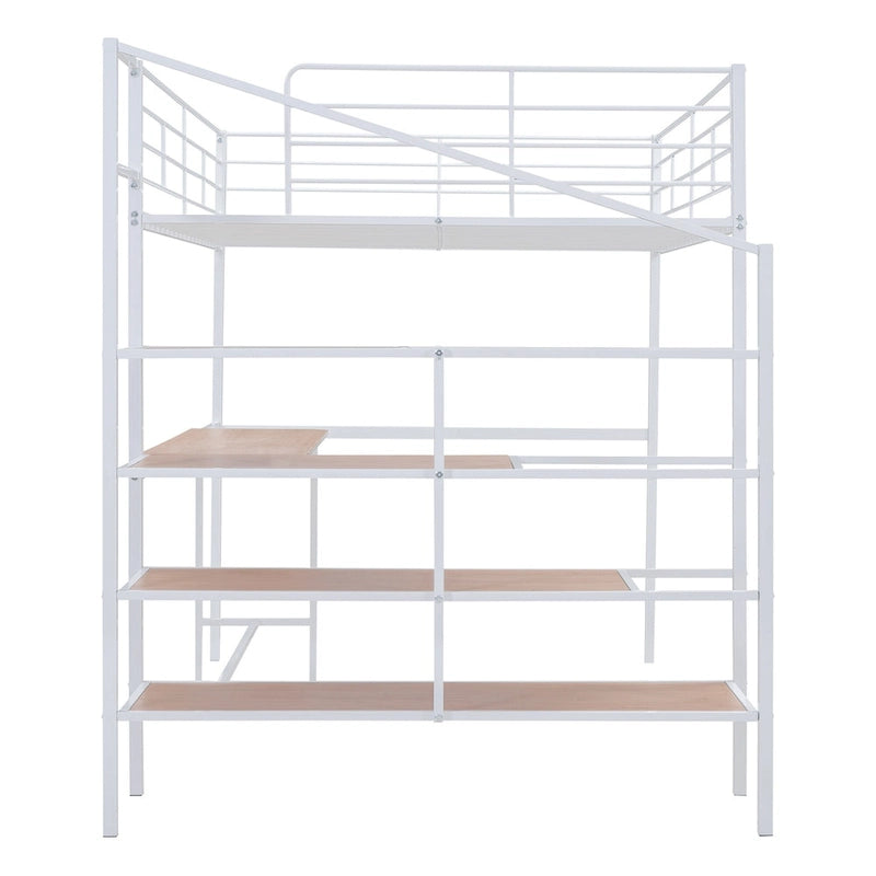 Cama alta de metal tamaño Full con escritorio y escalera lateral con almacenamiento, negra