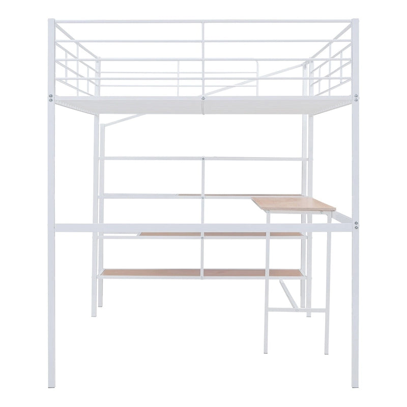 Cama alta de metal tamaño Full con escritorio y escalera lateral con almacenamiento, negra