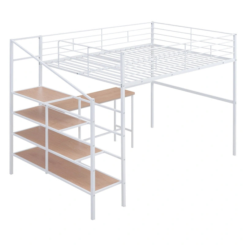 Cama alta de metal tamaño Full con escritorio y escalera lateral con almacenamiento, negra