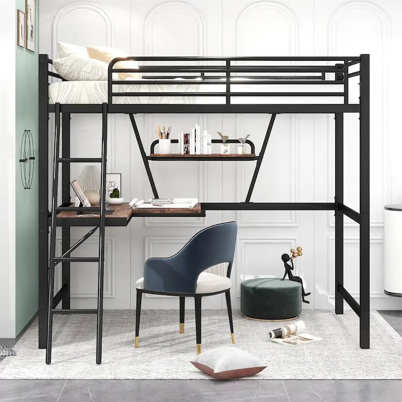 Metal Loft Bed with L-shaped Desk and Shelf