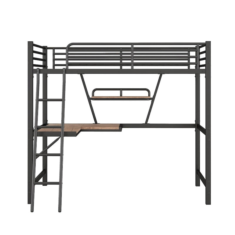 Metal Loft Bed with L-shaped Desk and Shelf