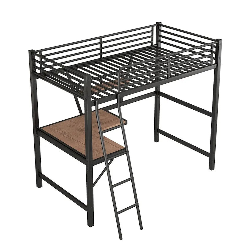 Cama alta de metal con escritorio en forma de L y estante