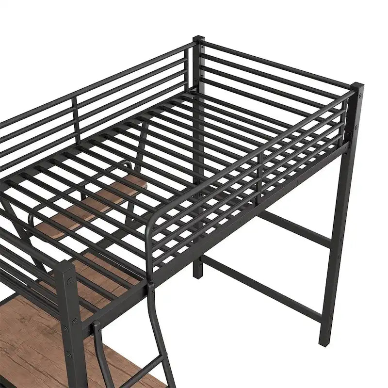 Metal Loft Bed with L-shaped Desk and Shelf
