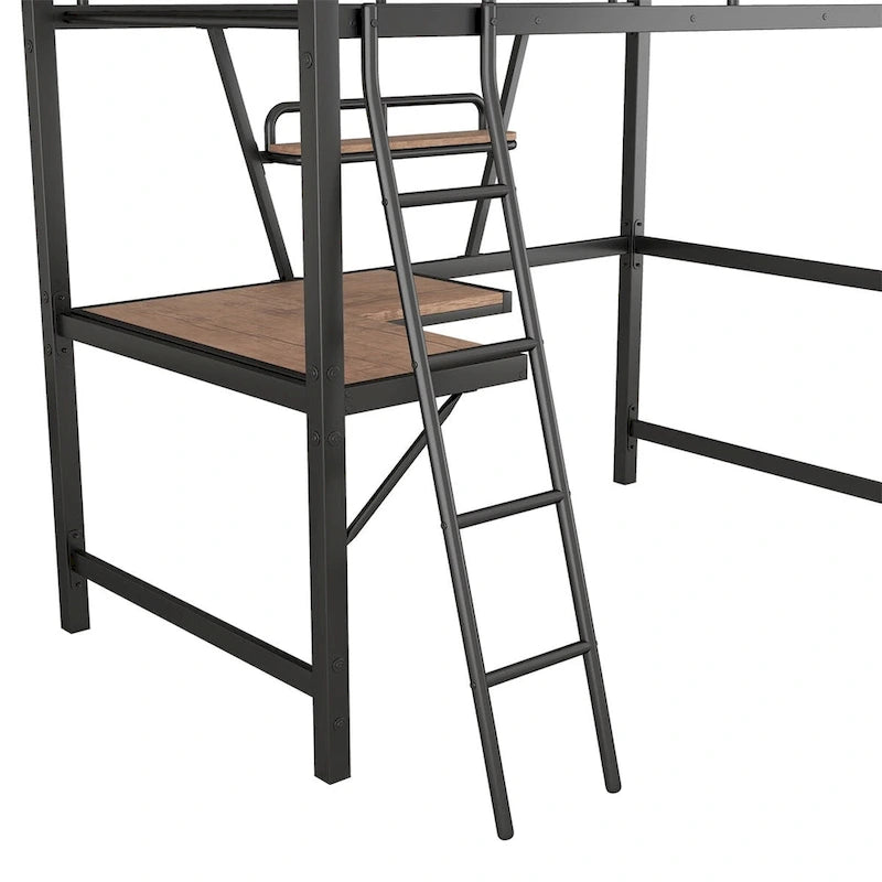 Metal Loft Bed with L-shaped Desk and Shelf