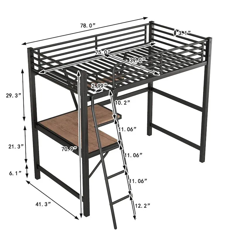 Cama alta de metal con escritorio en forma de L y estante