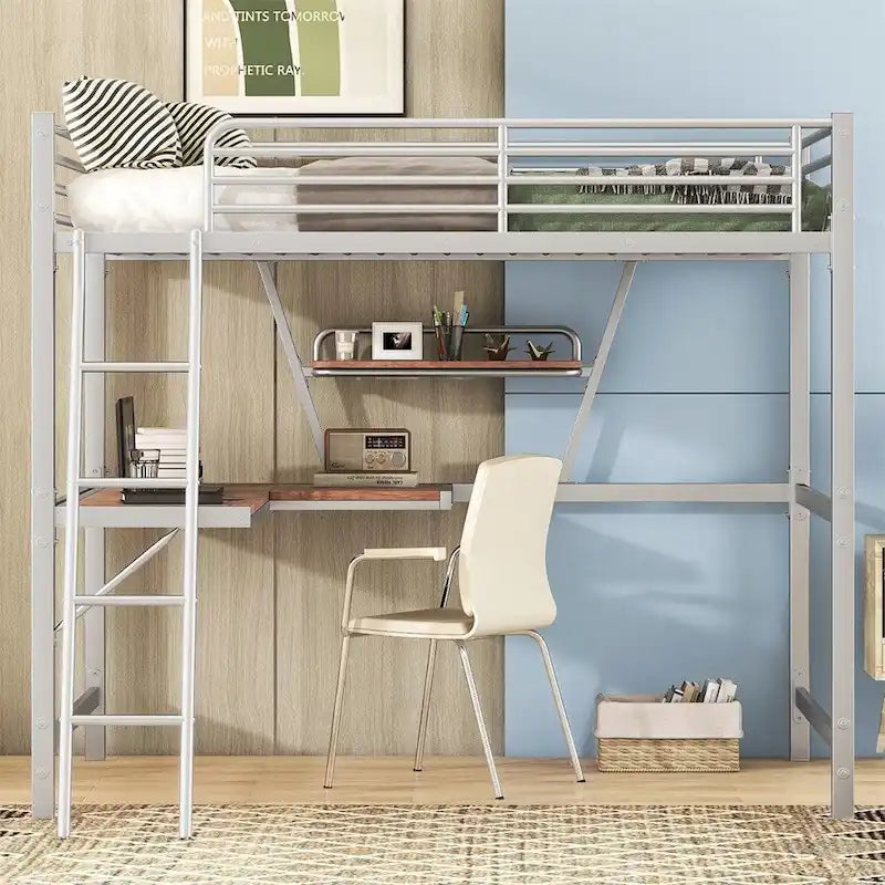 Cama alta de metal con escritorio en forma de L y estante