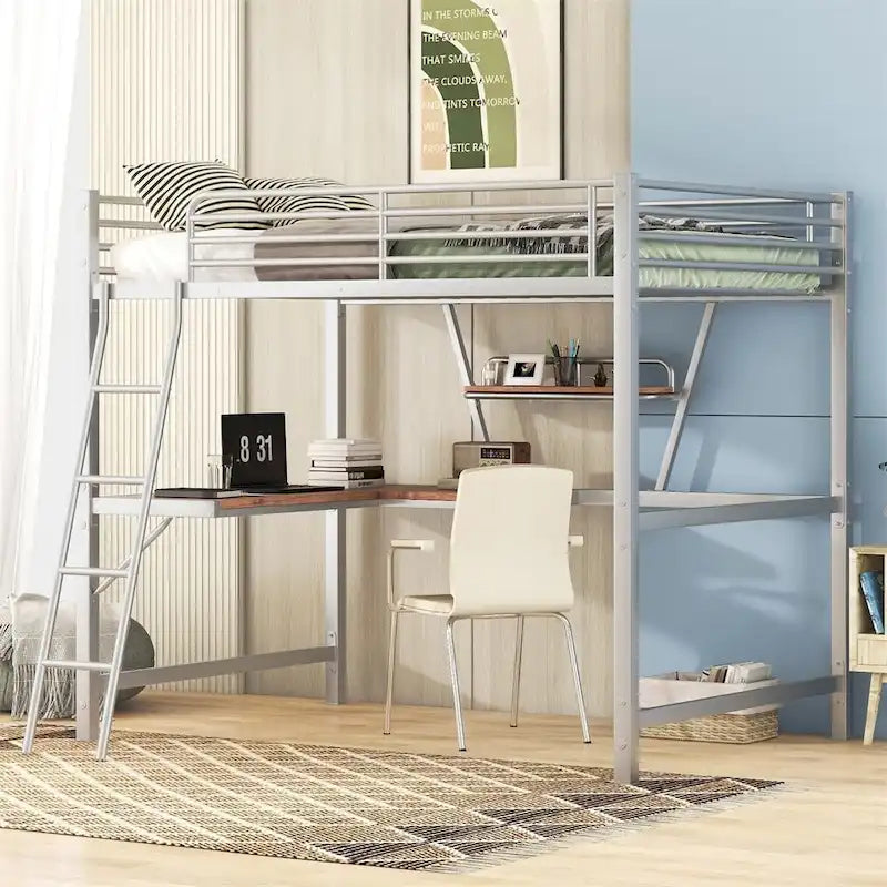 Cama alta de metal con escritorio en forma de L y estante
