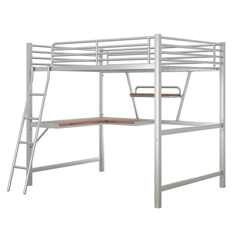 Cama alta de metal con escritorio en forma de L y estante