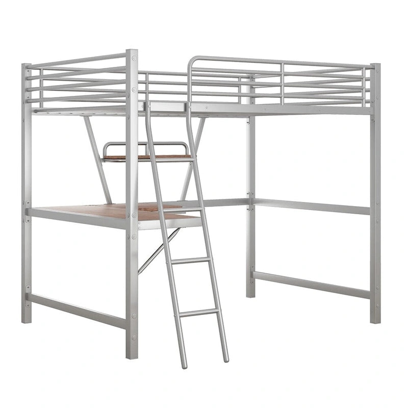 Cama alta de metal con escritorio en forma de L y estante