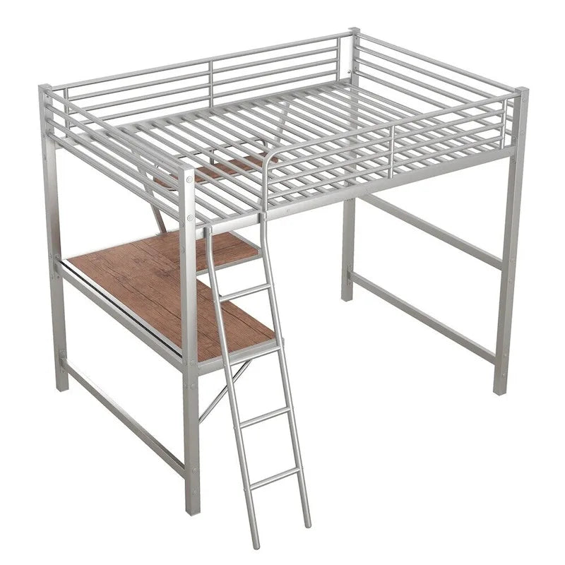 Cama alta de metal con escritorio en forma de L y estante