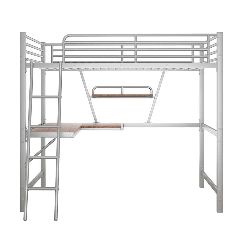 Cama alta de metal con escritorio en forma de L y estante