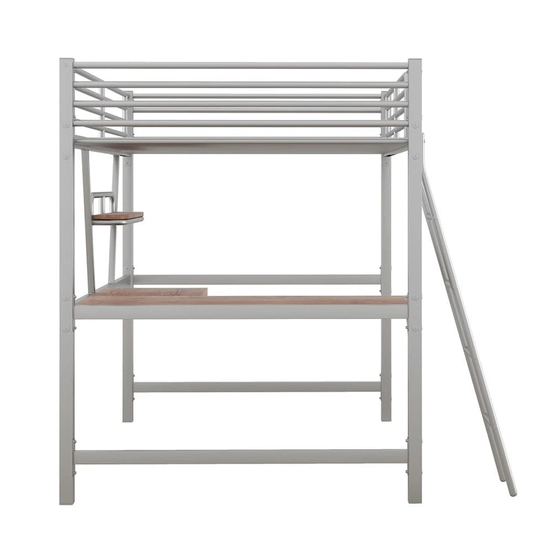 Cama alta de metal con escritorio en forma de L y estante