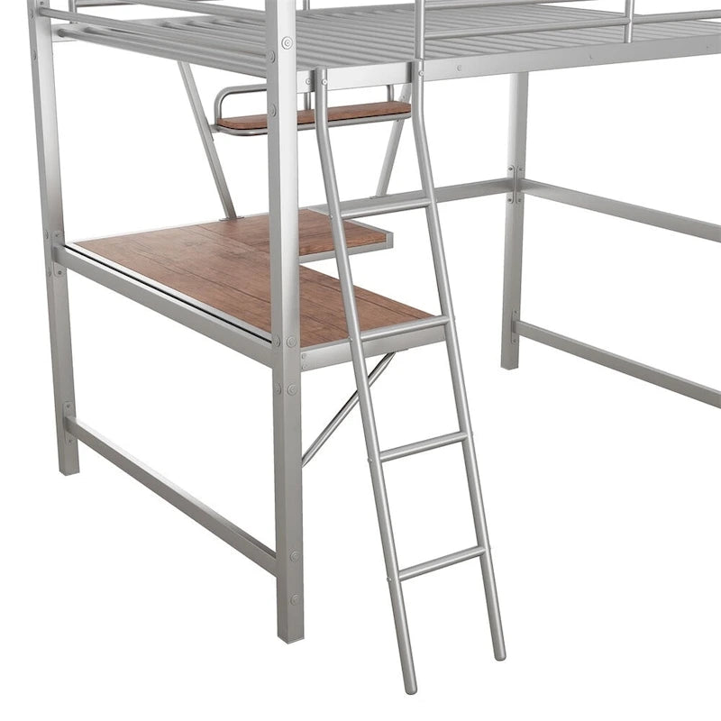 Cama alta de metal con escritorio en forma de L y estante
