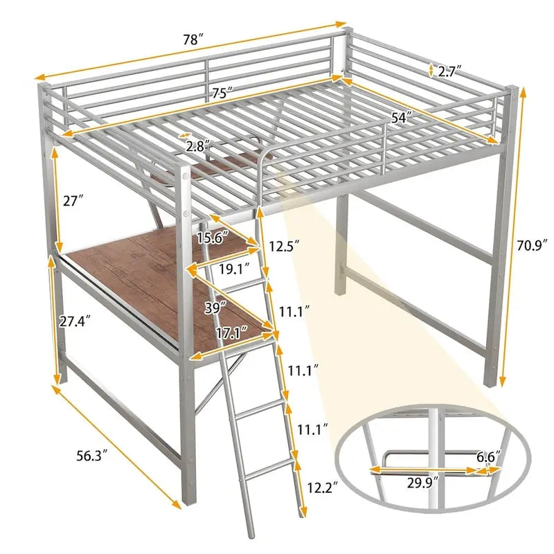 Cama alta de metal con escritorio en forma de L y estante