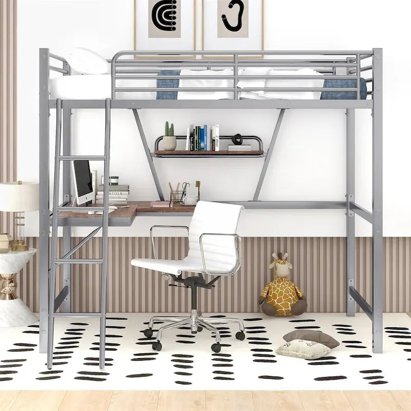 Cama alta de metal con escritorio en forma de L y estante