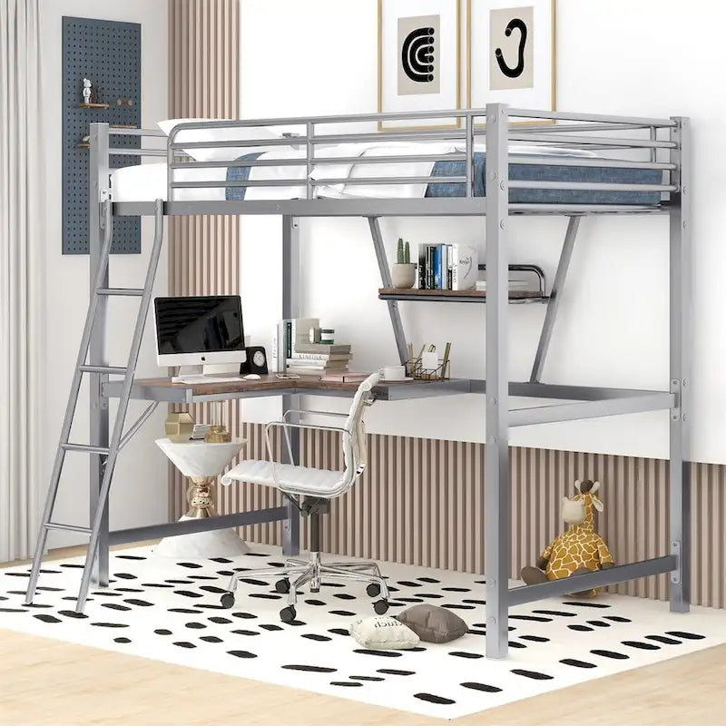 Cama alta de metal con escritorio en forma de L y estante