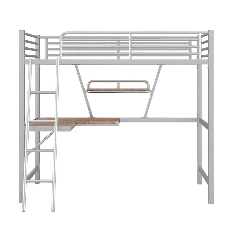 Cama alta de metal con escritorio en forma de L y estante