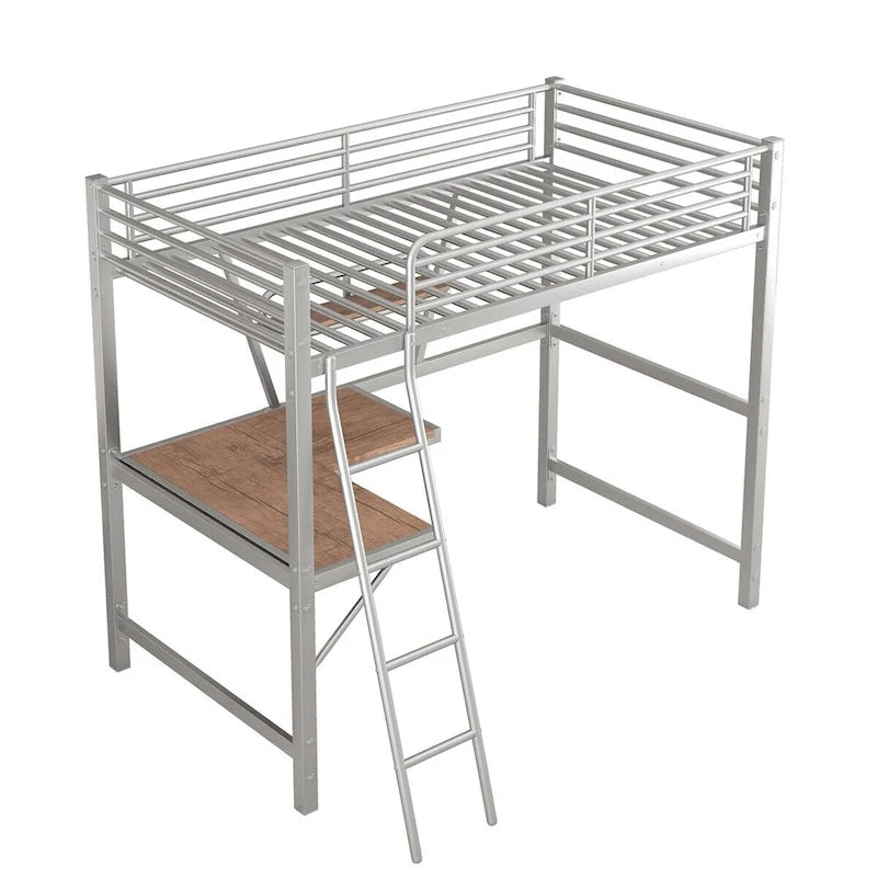 Cama alta de metal con escritorio en forma de L y estante