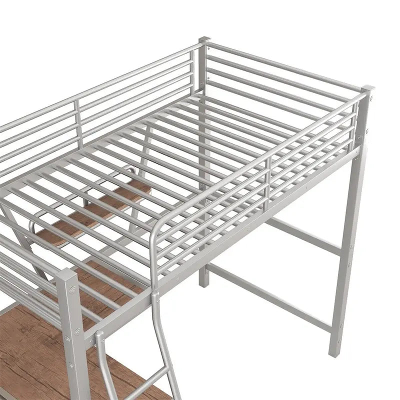 Cama alta de metal con escritorio en forma de L y estante