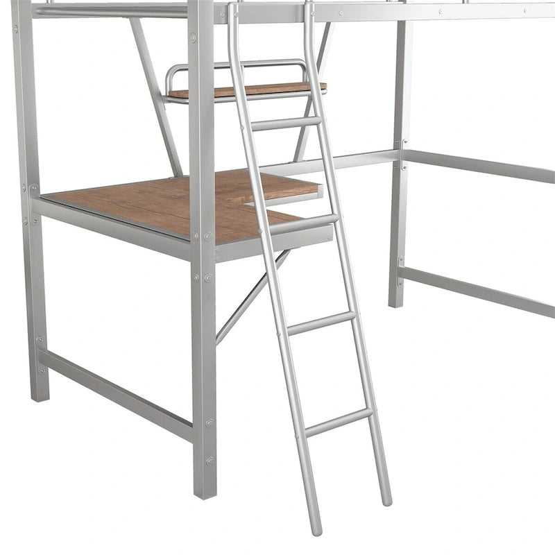 Cama alta de metal con escritorio en forma de L y estante