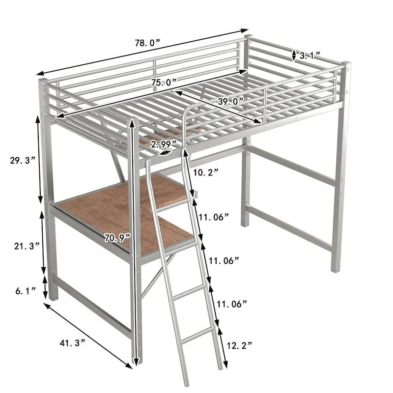 Cama alta de metal con escritorio en forma de L y estante