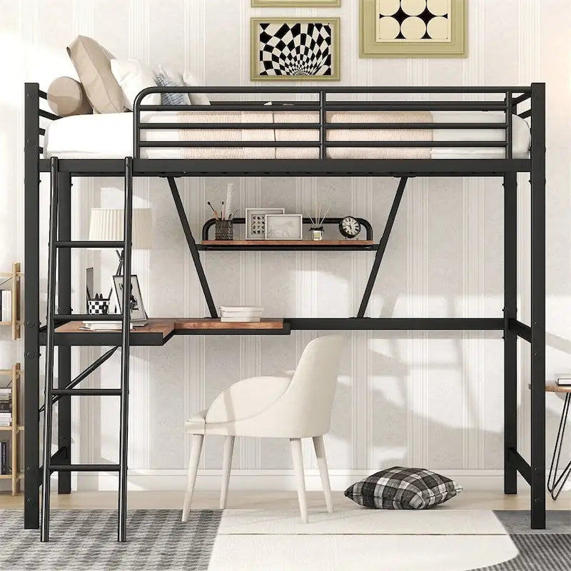 Cama alta de metal con escritorio en forma de L y estante