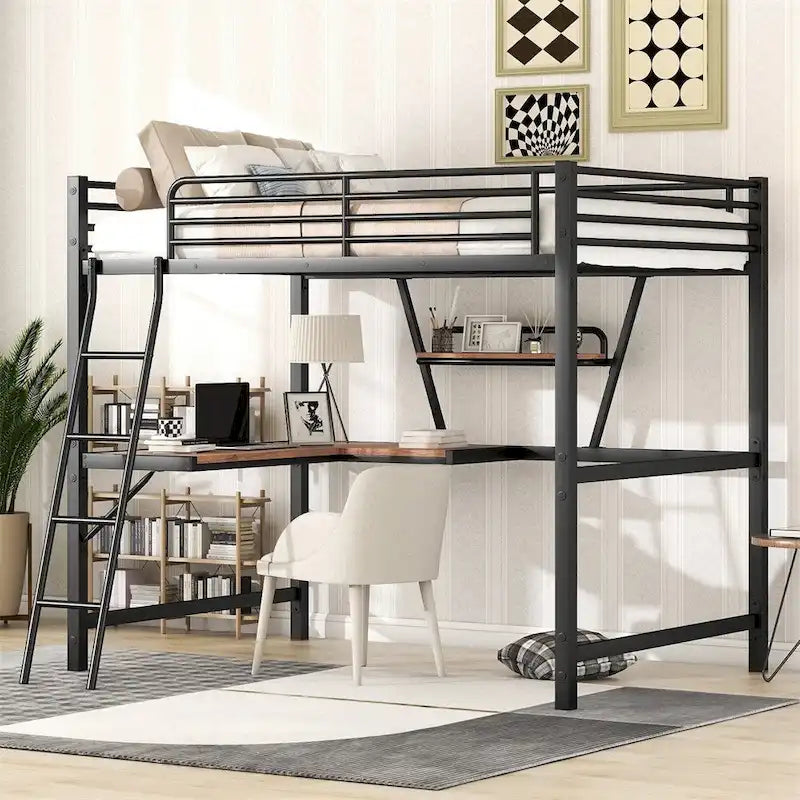 Cama alta de metal con escritorio en forma de L y estante