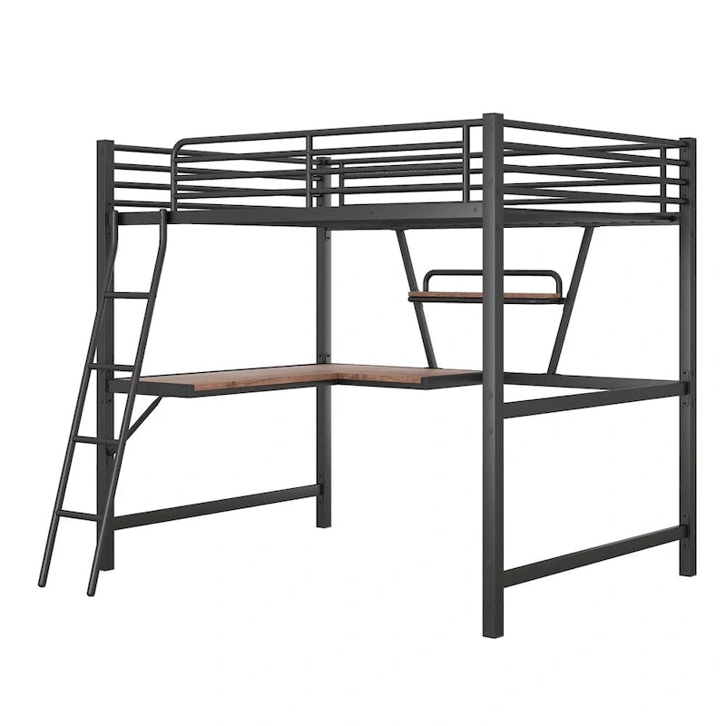 Cama alta de metal con escritorio en forma de L y estante