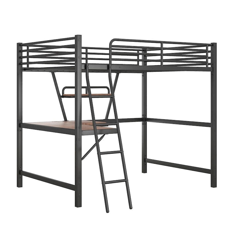 Cama alta de metal con escritorio en forma de L y estante