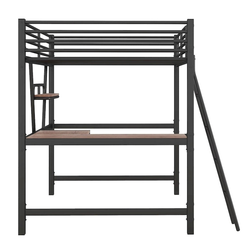 Cama alta de metal con escritorio en forma de L y estante