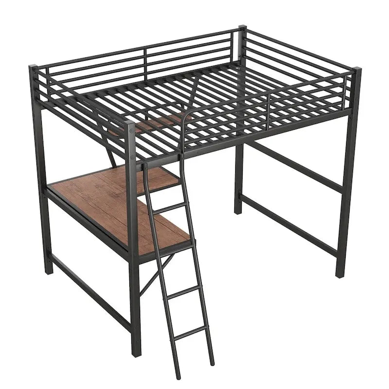 Cama alta de metal con escritorio en forma de L y estante