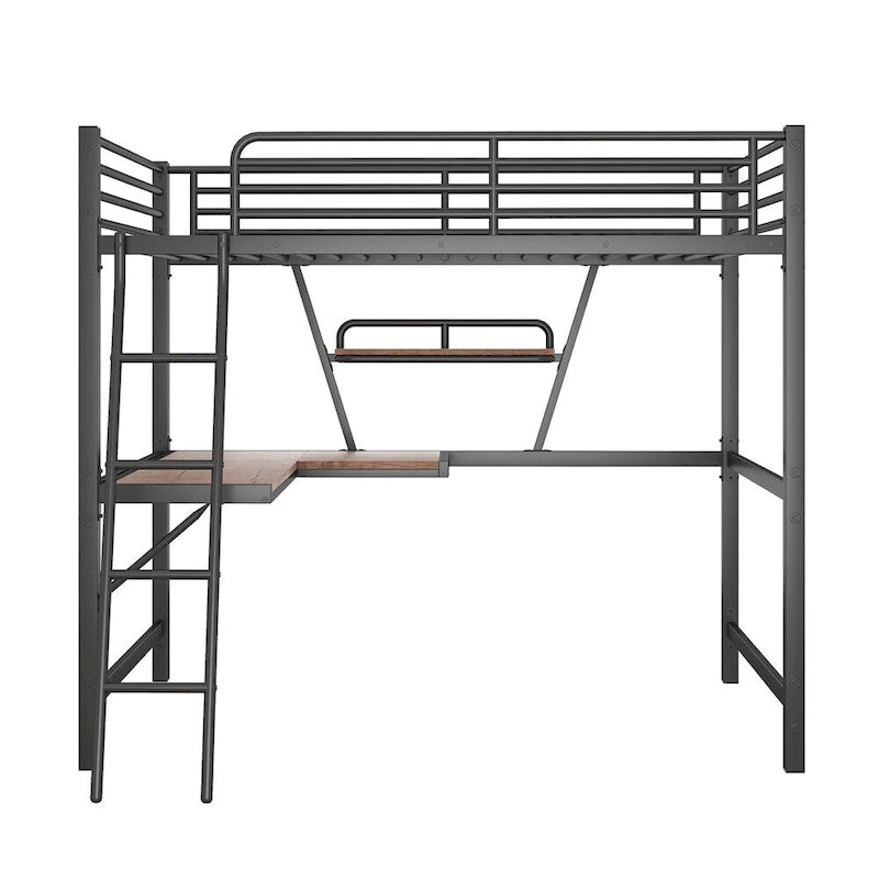 Cama alta de metal con escritorio en forma de L y estante