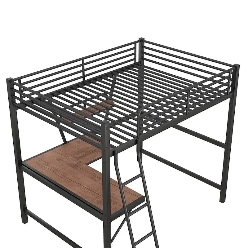 Cama alta de metal con escritorio en forma de L y estante