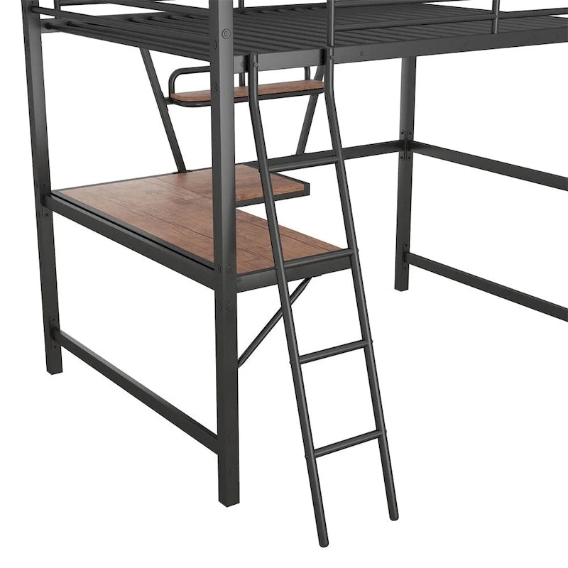 Cama alta de metal con escritorio en forma de L y estante