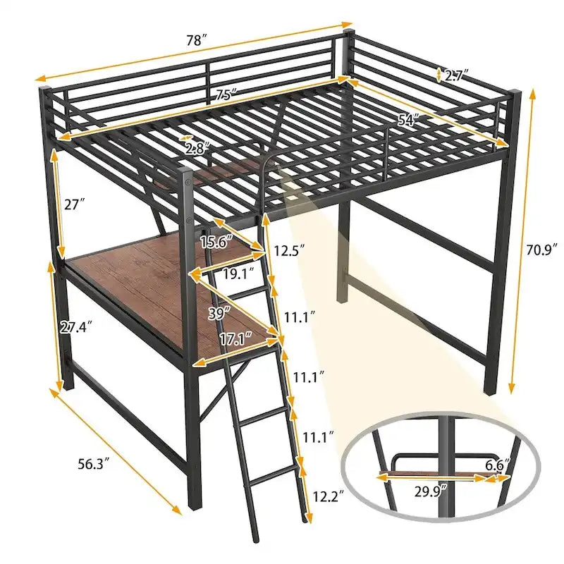 Cama alta de metal con escritorio en forma de L y estante
