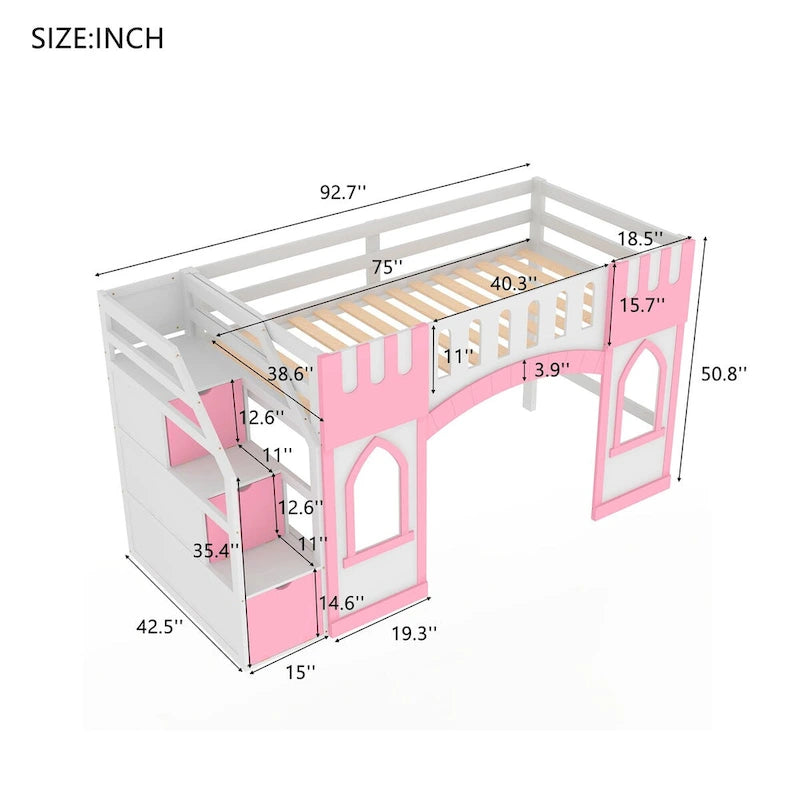 Letto a soppalco singolo con scala contenitore e finestra
