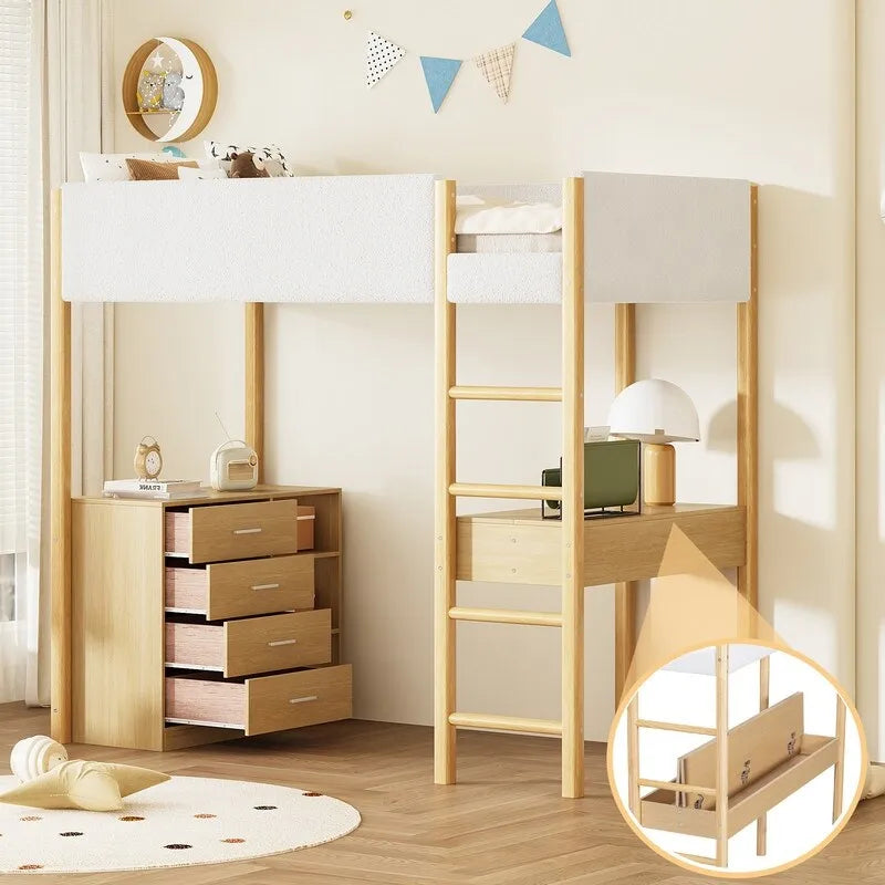Twin Size Teddy Fleece Loft Bed with Desk and Drawers