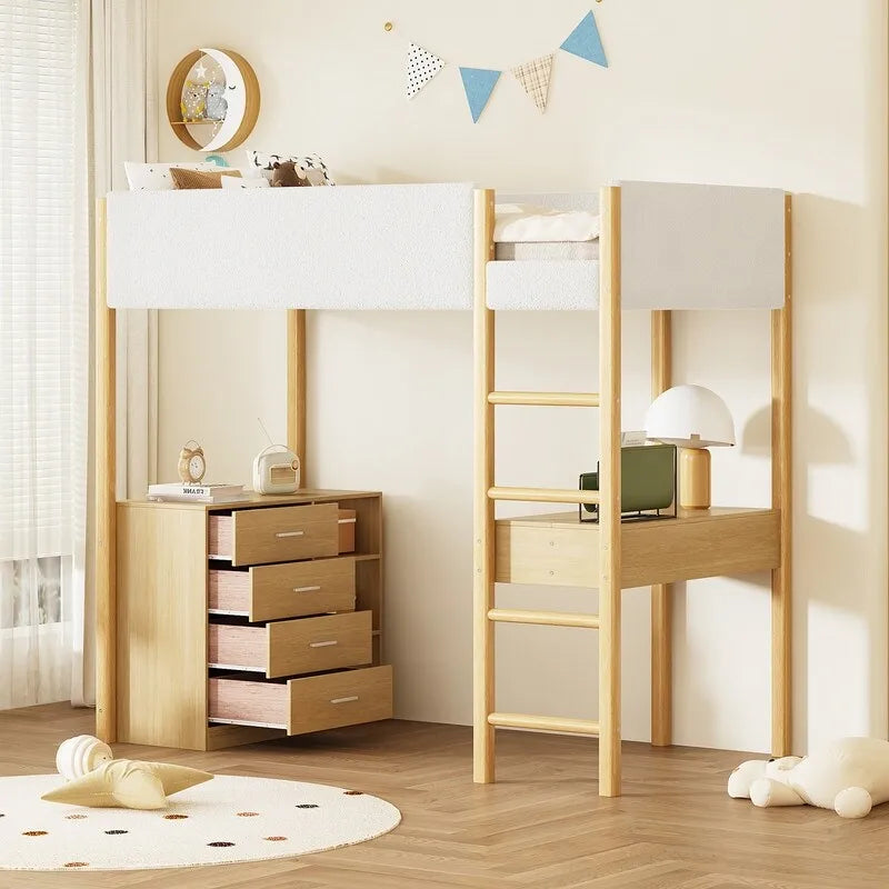 Twin Size Teddy Fleece Loft Bed with Desk and Drawers