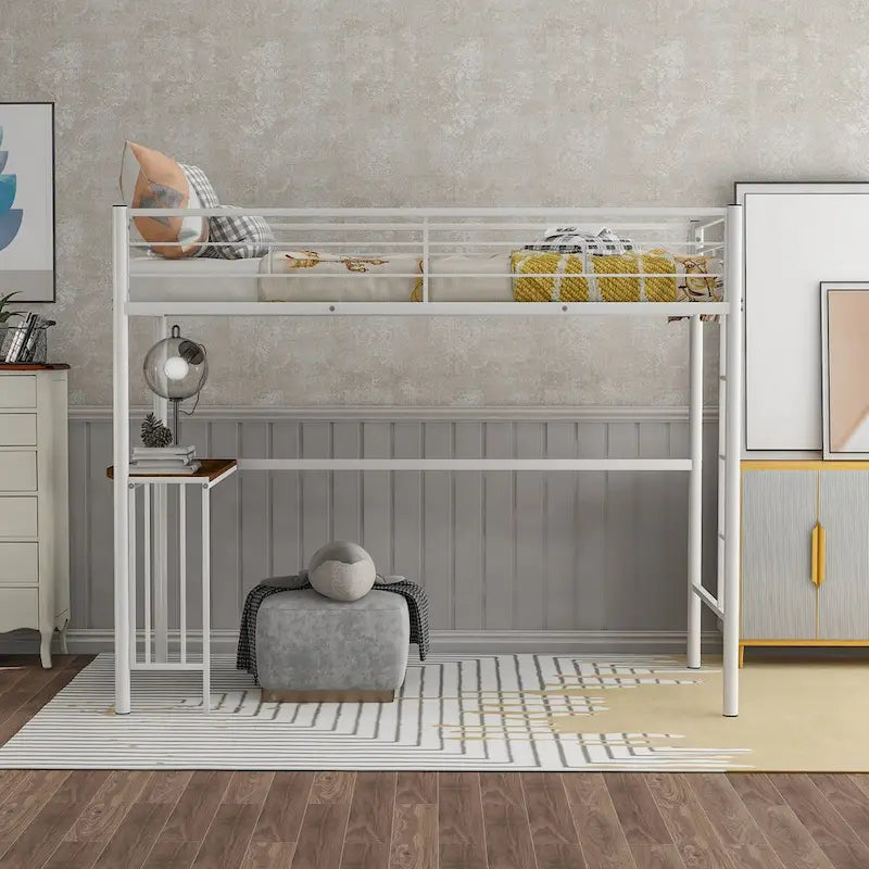 Twin Metal Loft Bed with Desk, Ladder and Guardrails