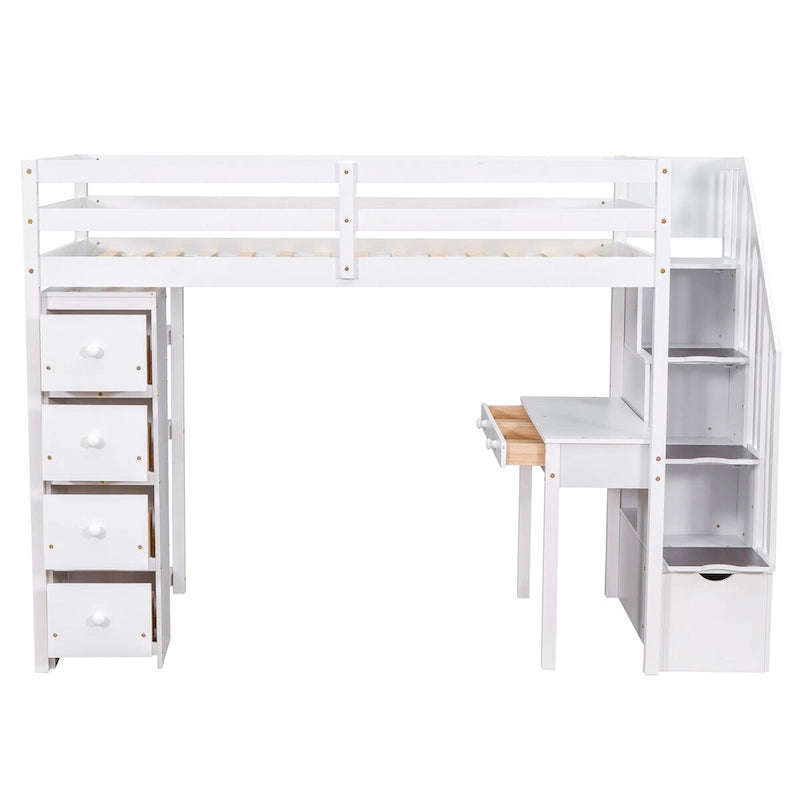 Letto a soppalco in legno singolo con cassetti contenitore, scrivania, scala contenitore e mensole