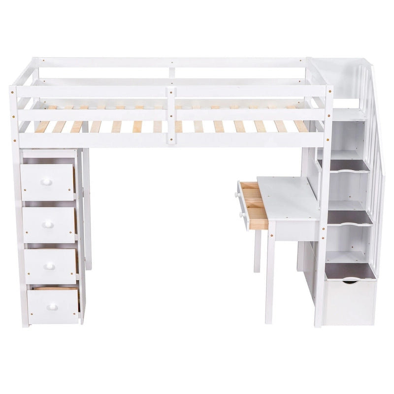 Letto a soppalco in legno singolo con cassetti contenitore, scrivania, scala contenitore e mensole