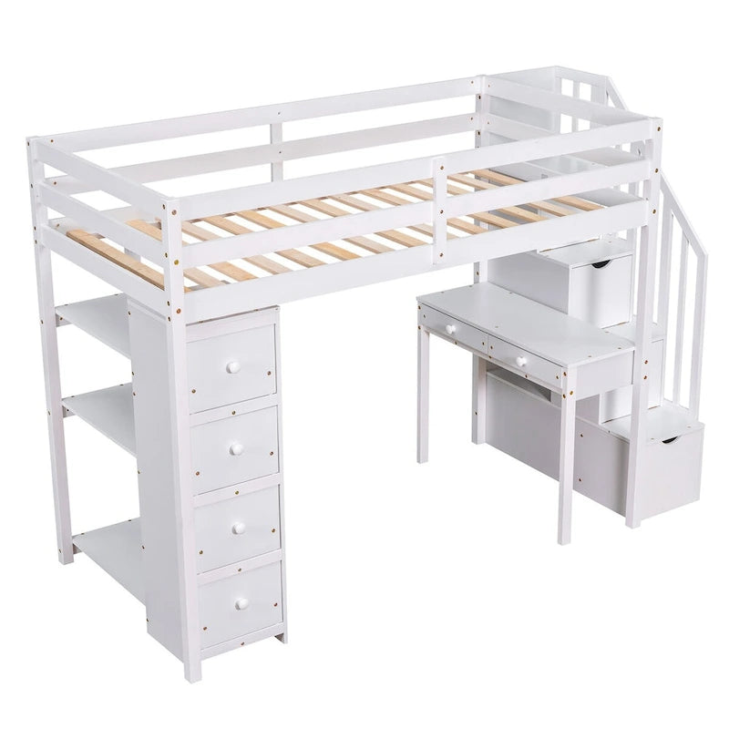 Holz-Hochbett in Twin-Size mit Aufbewahrungsschubladen, Schreibtisch, Aufbewahrungstreppe und Regalen