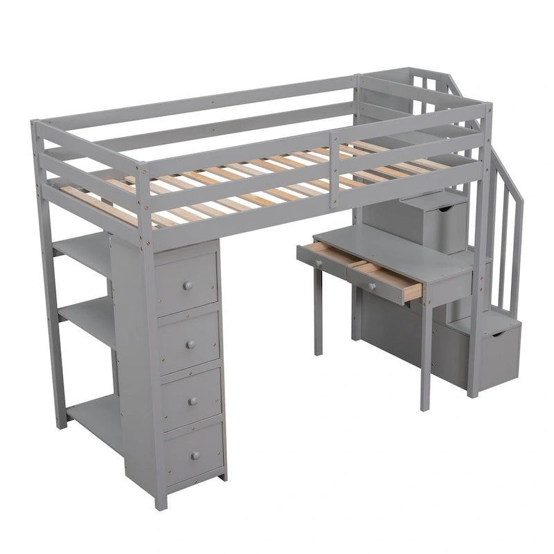 Holz-Hochbett in Twin-Size mit Aufbewahrungsschubladen, Schreibtisch, Aufbewahrungstreppe und Regalen