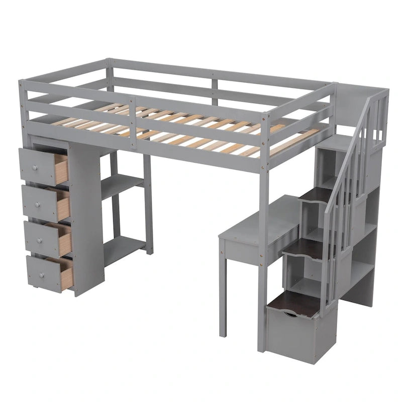 Holz-Hochbett in Twin-Size mit Aufbewahrungsschubladen, Schreibtisch, Aufbewahrungstreppe und Regalen