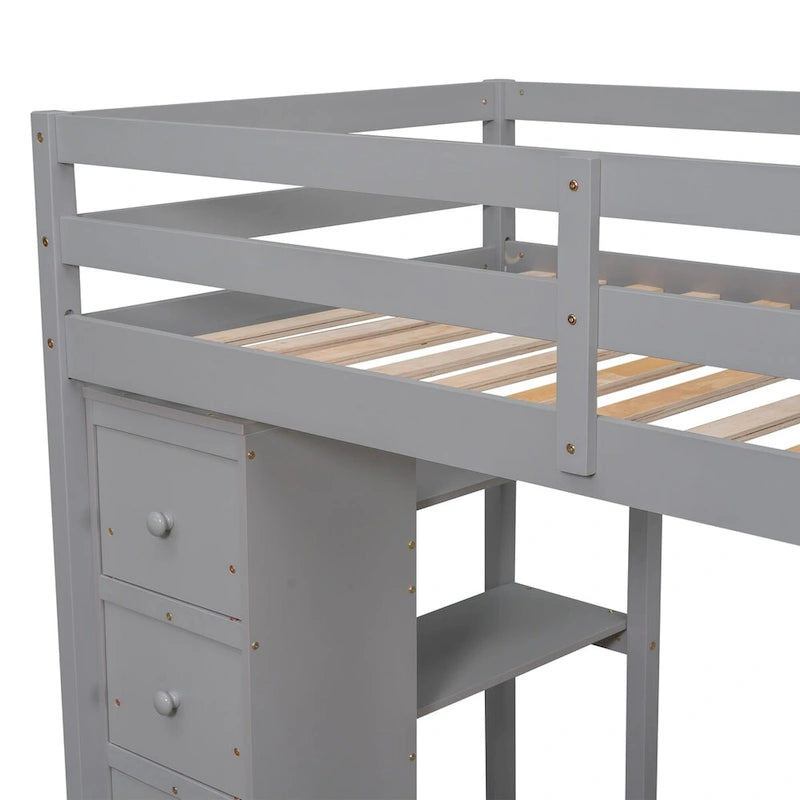 Holz-Hochbett in Twin-Size mit Aufbewahrungsschubladen, Schreibtisch, Aufbewahrungstreppe und Regalen
