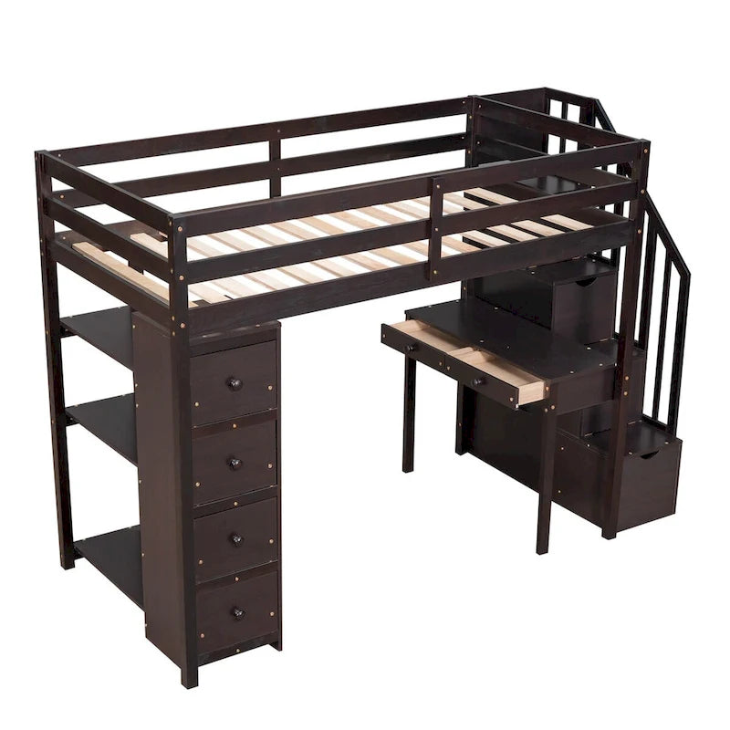 Holz-Hochbett in Twin-Size mit Aufbewahrungsschubladen, Schreibtisch, Aufbewahrungstreppe und Regalen