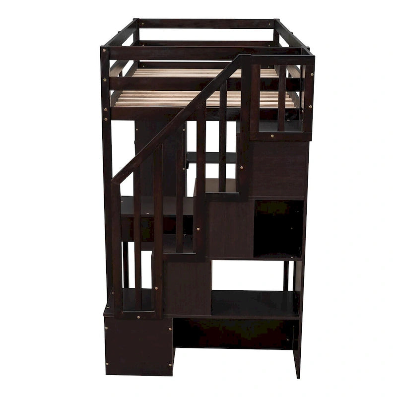 Holz-Hochbett in Twin-Size mit Aufbewahrungsschubladen, Schreibtisch, Aufbewahrungstreppe und Regalen