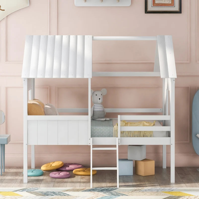 Low Loft Wood House Bed with 2 Side Windows
