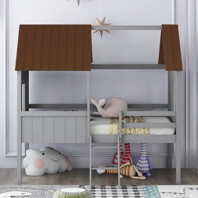 Low Loft Wood House Bed with 2 Side Windows